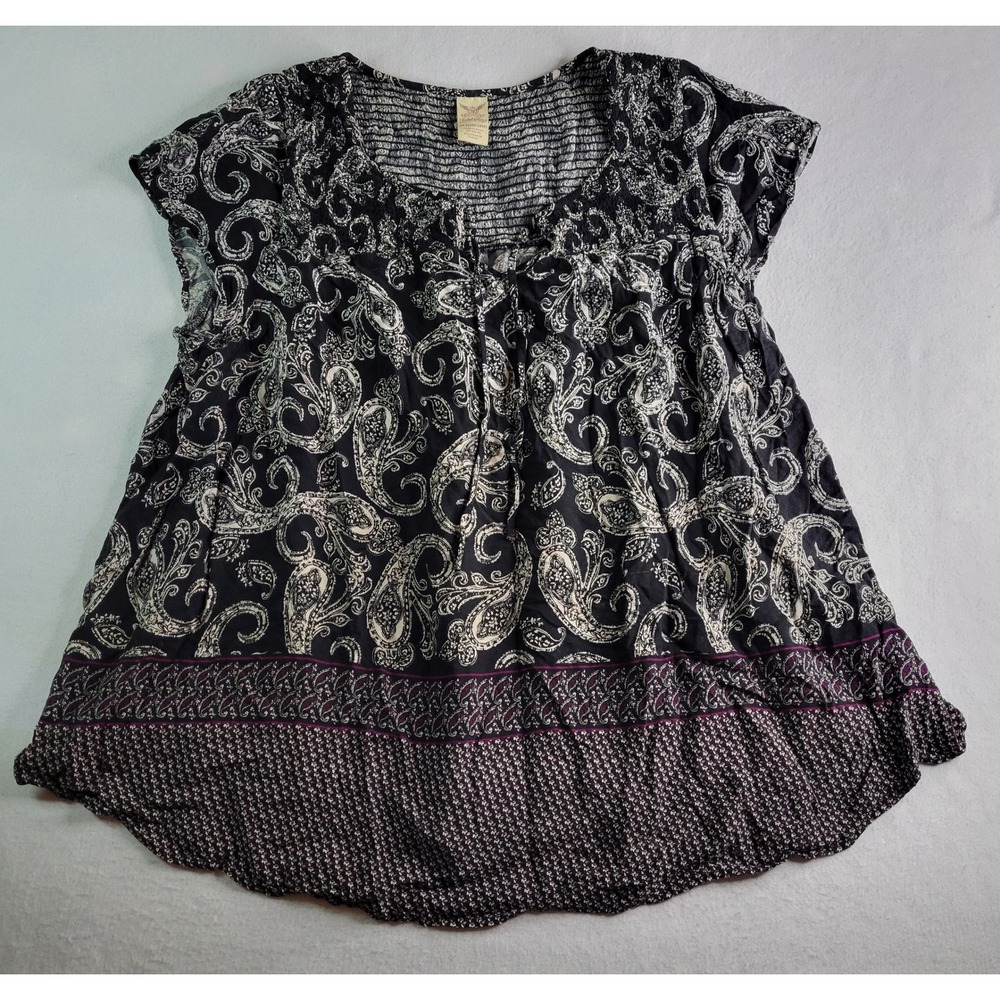 Faded Glory Womens 3X Black White Paisley Smocked Peasant Top Blouse